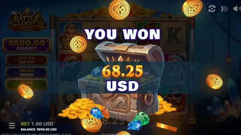 Prajurit kurcaci dan simbol harta karun dalam slot Battle Loot: Hold and Win