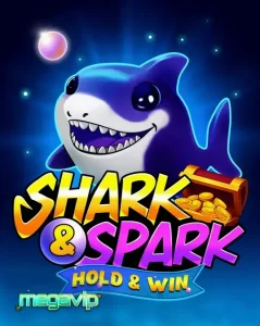 Tampilan visual slot Shark & Spark Hold & Win dengan karakter hiu kartun