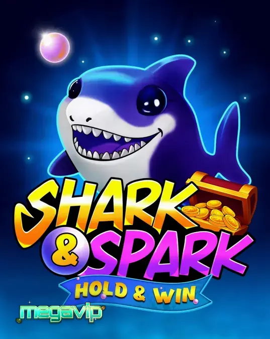 Tampilan visual slot Shark & Spark Hold & Win dengan karakter hiu kartun